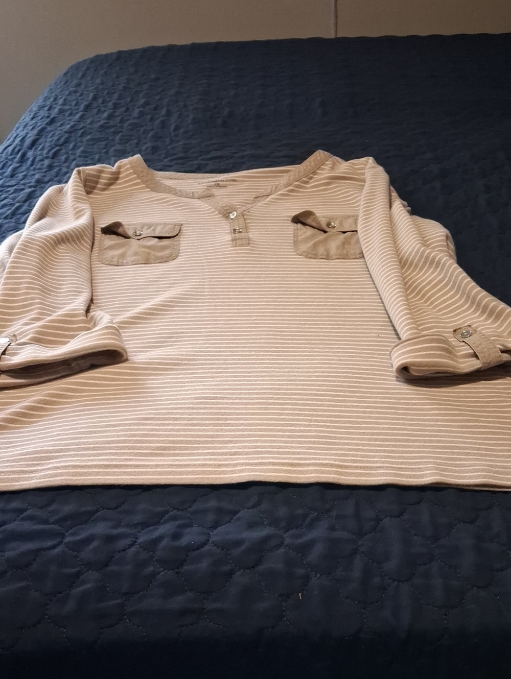 croft & barrow Beige Striped Long Sleeve Henley with Pocket Flaps